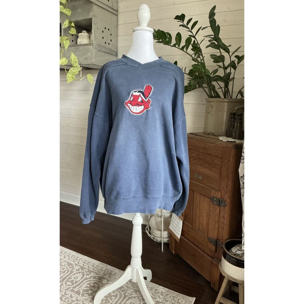 Vintage Y2K Starter Cleveland Indians Pullover Sweatshirt Mens XL Wahoo Navy